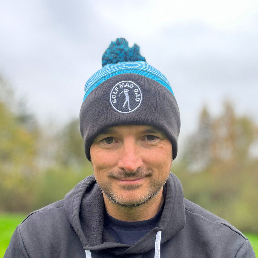 Golf Mad Dad Bobble Hat in Alto Blue, Charcoal & White