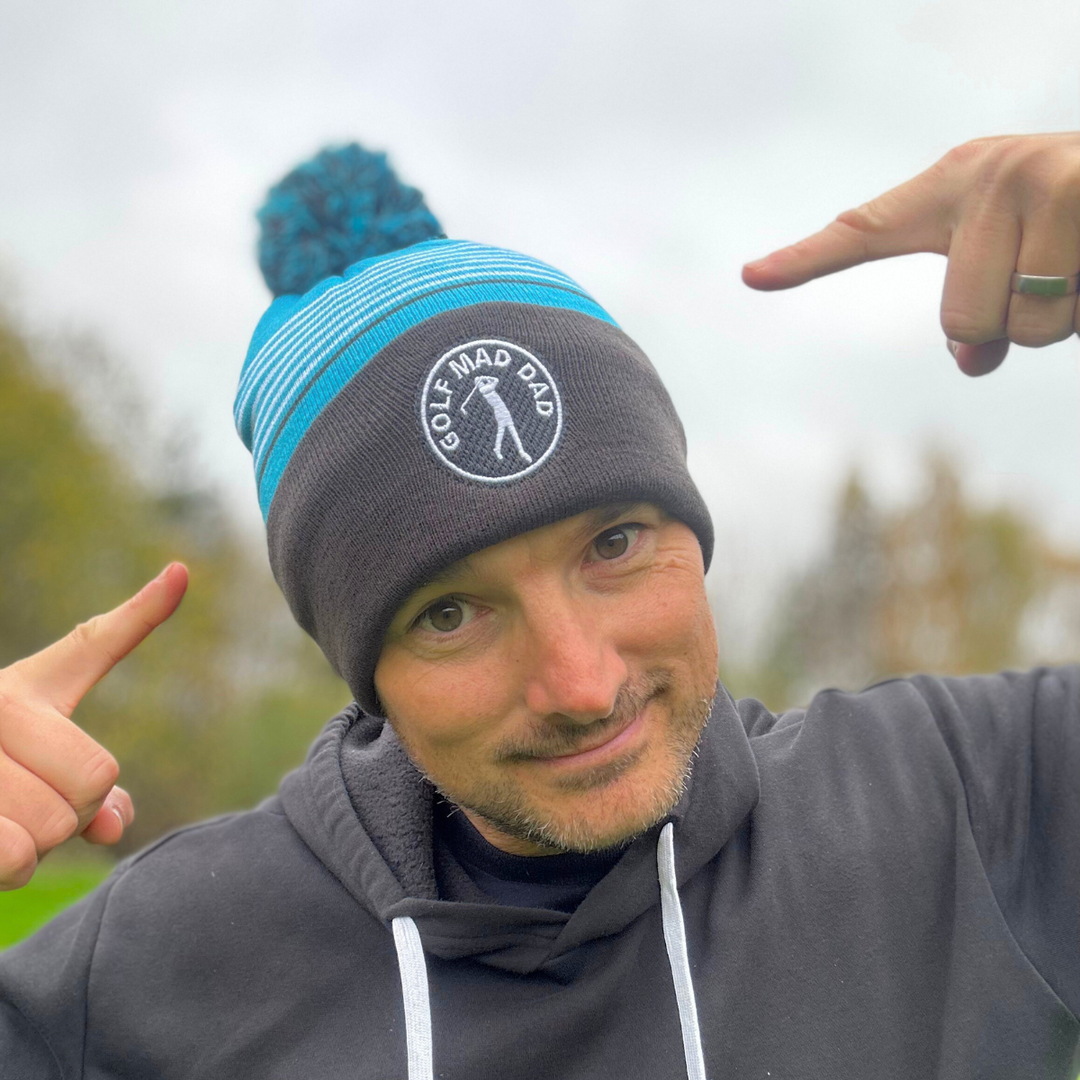 Golf Mad Dad Bobble Hat in Alto Blue, Charcoal & White